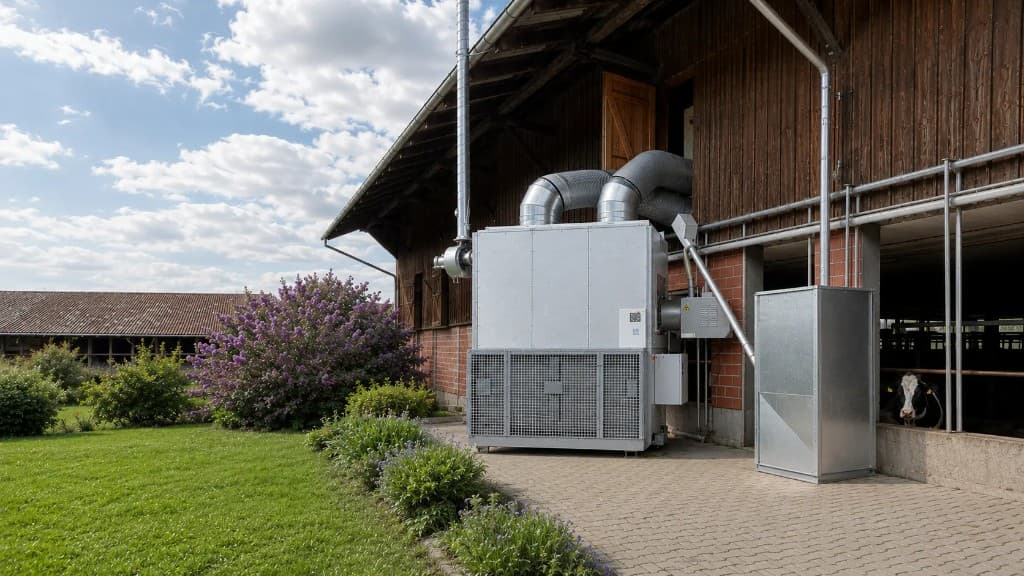 LANOX Warmluftsystem vor einem Holzstall mit Warmluftschläuchen, Installation auf dem Hof